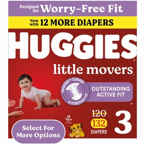 Huggies 56361 Little Movers Baby Diapers Size 3, 132 Ct - Leak Resistant, Absorbent, Disposable