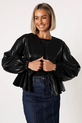 Ivanna Faux Leather Puff Sleeve Jacket - Black