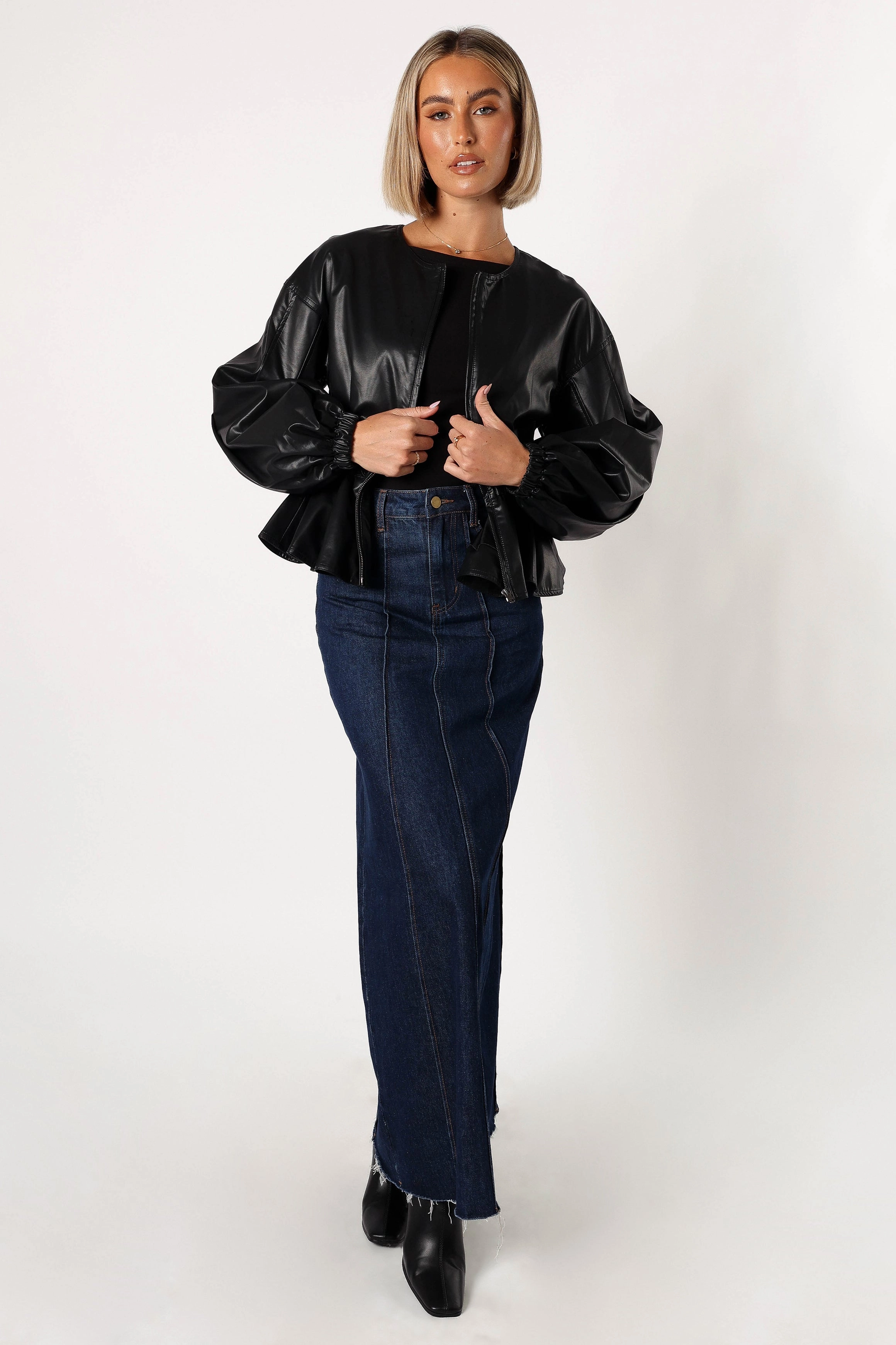 Ivanna Faux Leather Puff Sleeve Jacket - Black