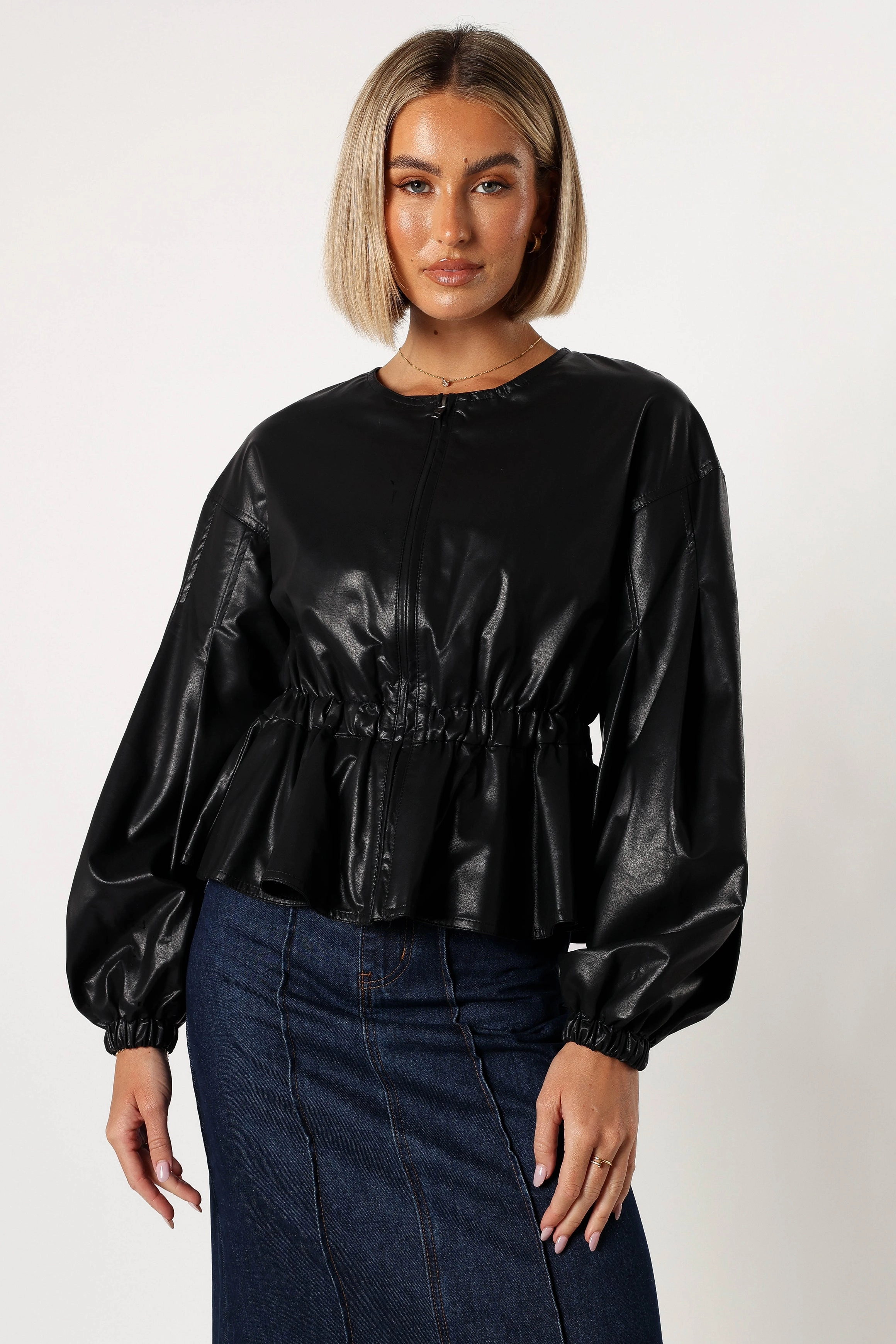 Ivanna Faux Leather Puff Sleeve Jacket - Black
