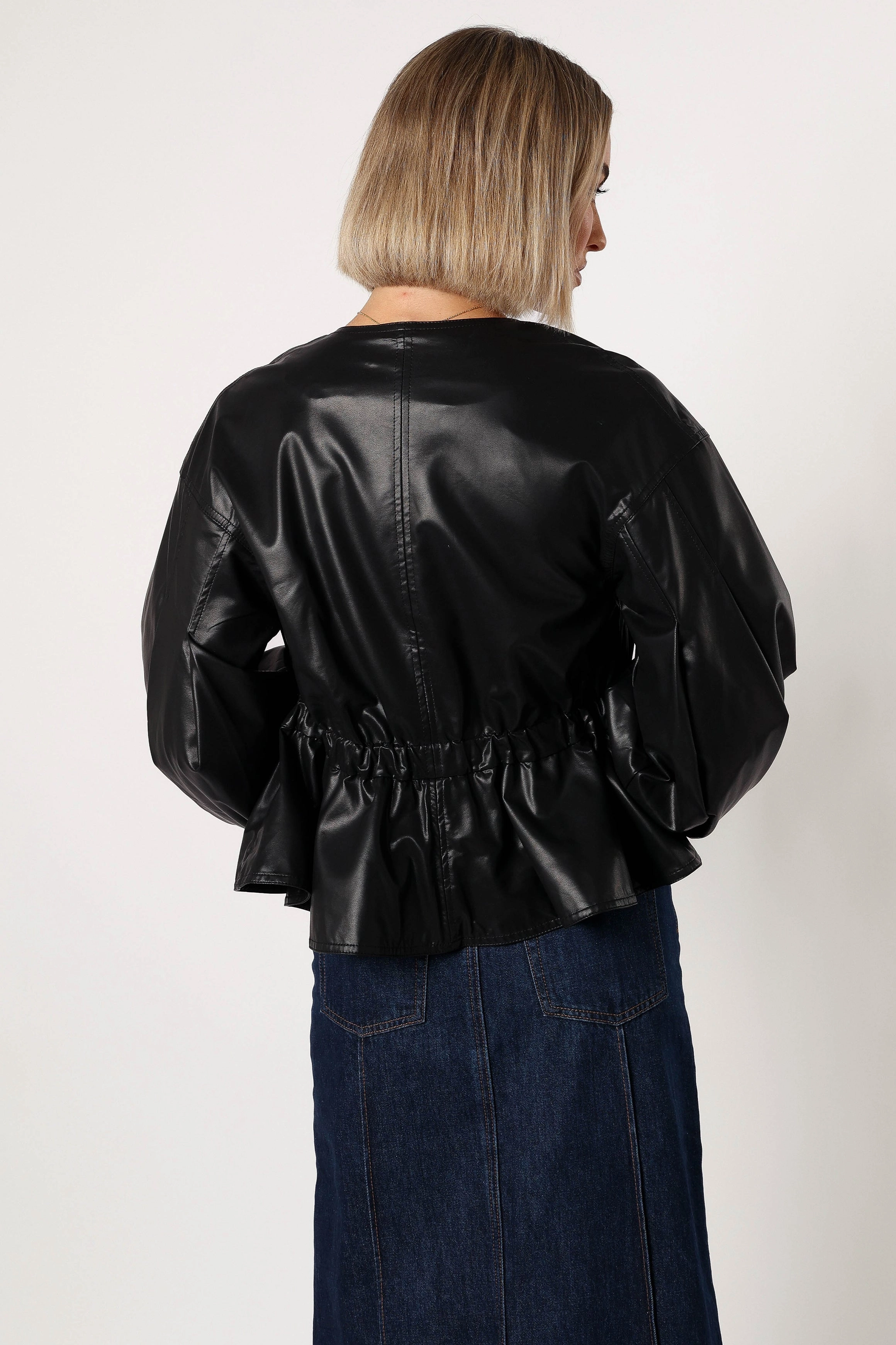 Ivanna Faux Leather Puff Sleeve Jacket - Black