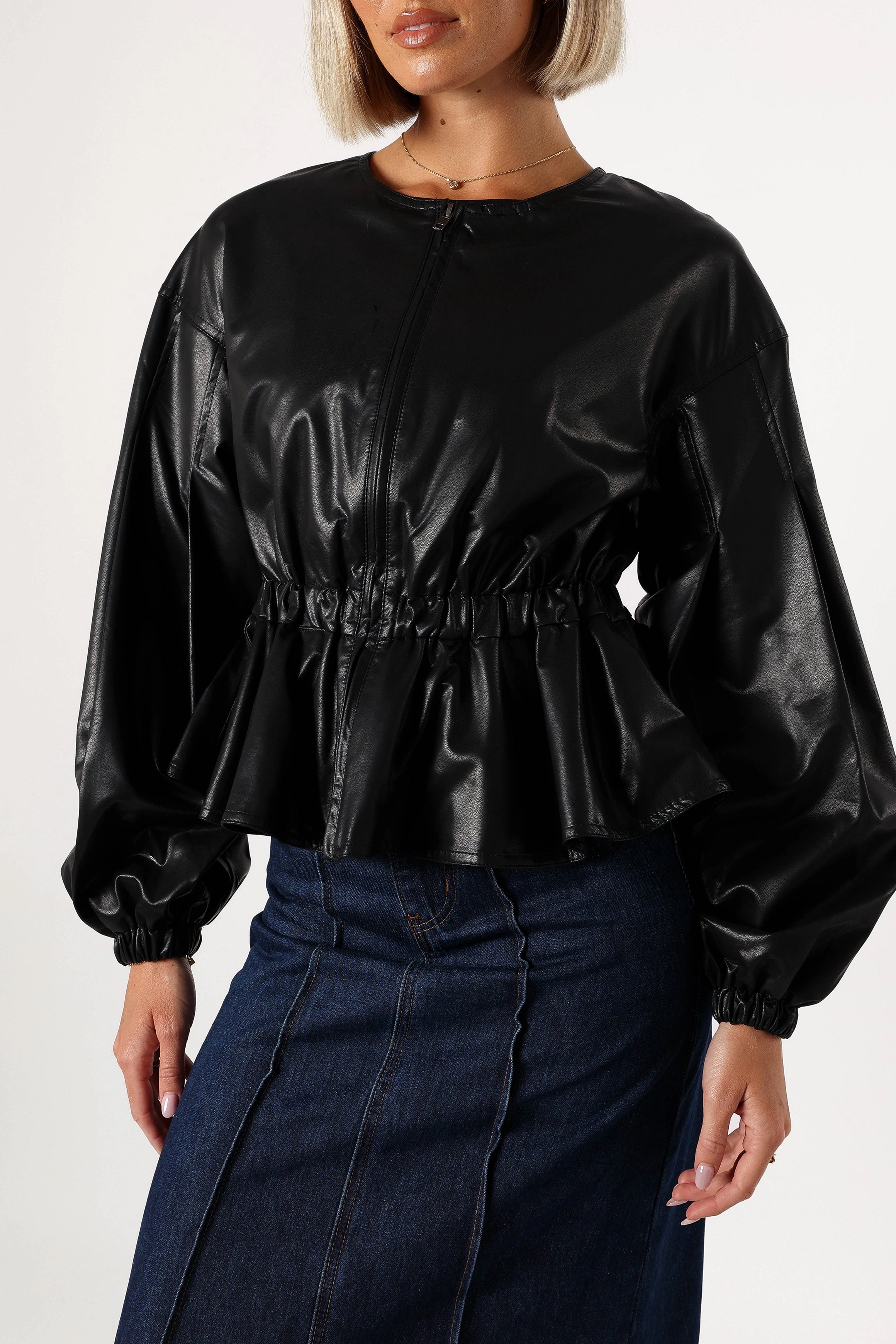 Ivanna Faux Leather Puff Sleeve Jacket - Black