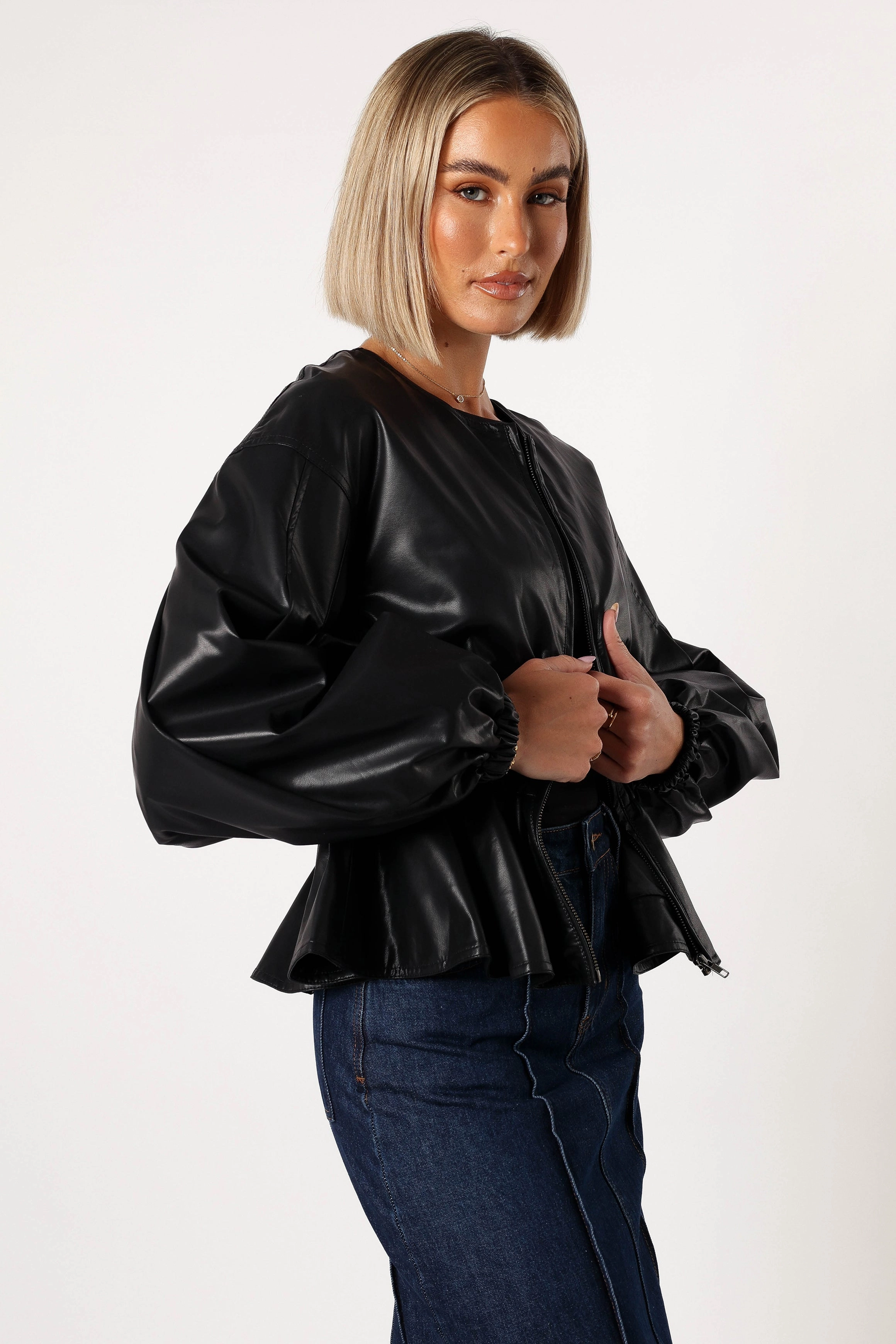 Ivanna Faux Leather Puff Sleeve Jacket - Black
