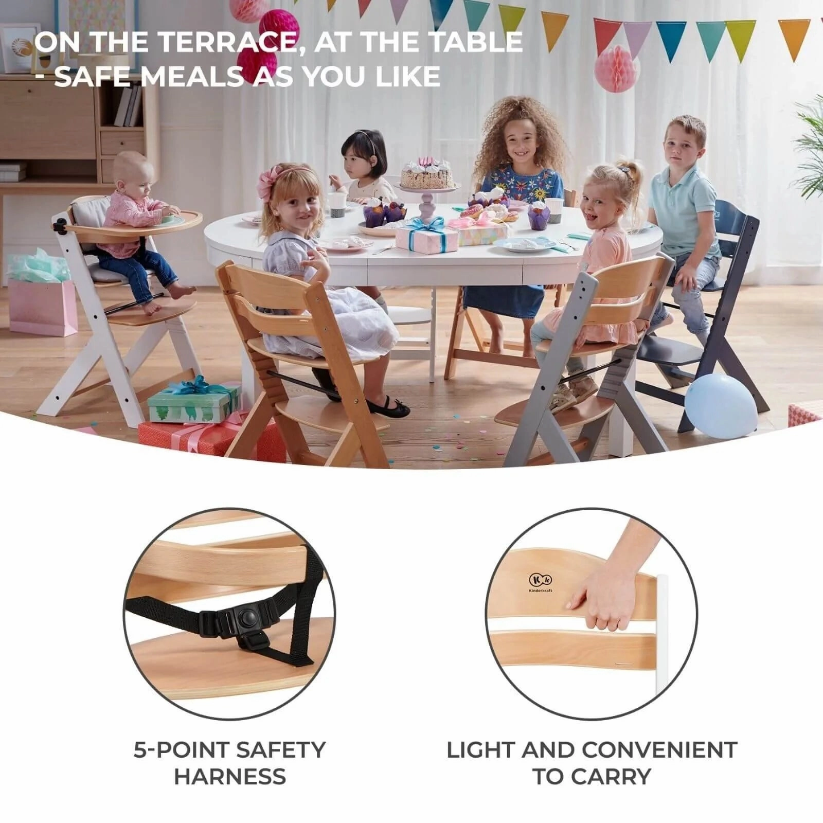 Kinderkraft Enock Wooden Highchair - Wooden Natural