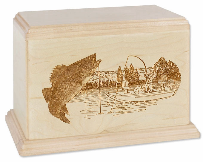 Laser Carved Wood Cremation Urn - Walleye Fish (Made in USA)