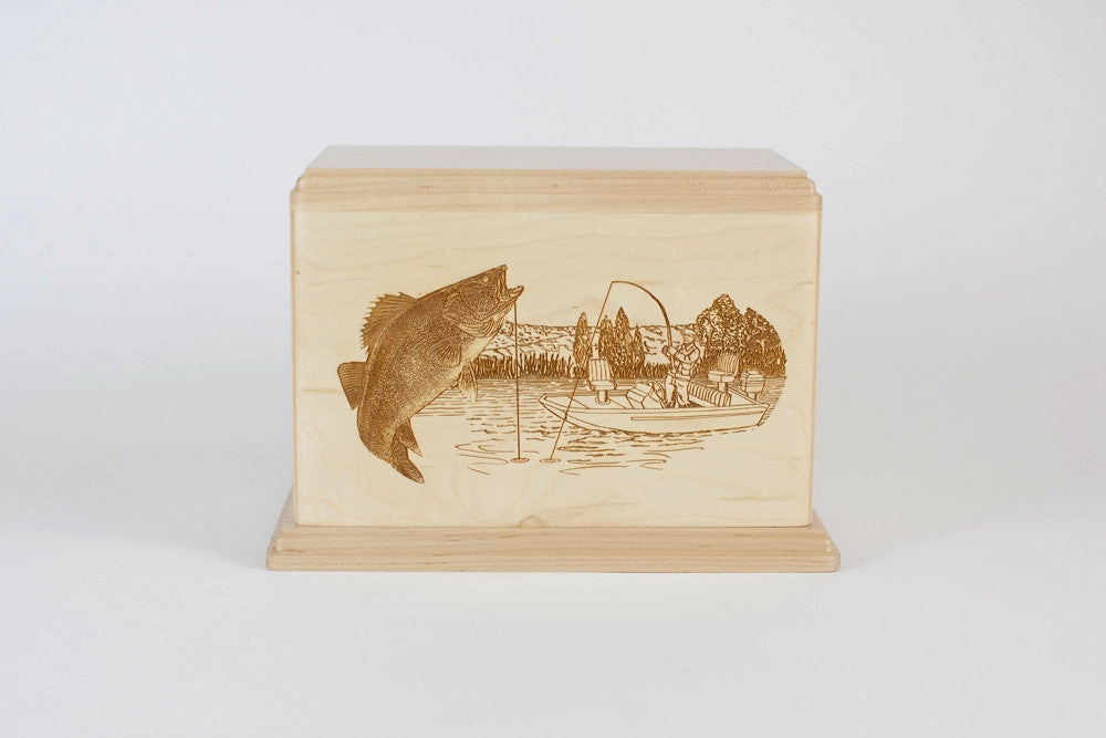 Laser Carved Wood Cremation Urn - Walleye Fish (Made in USA)