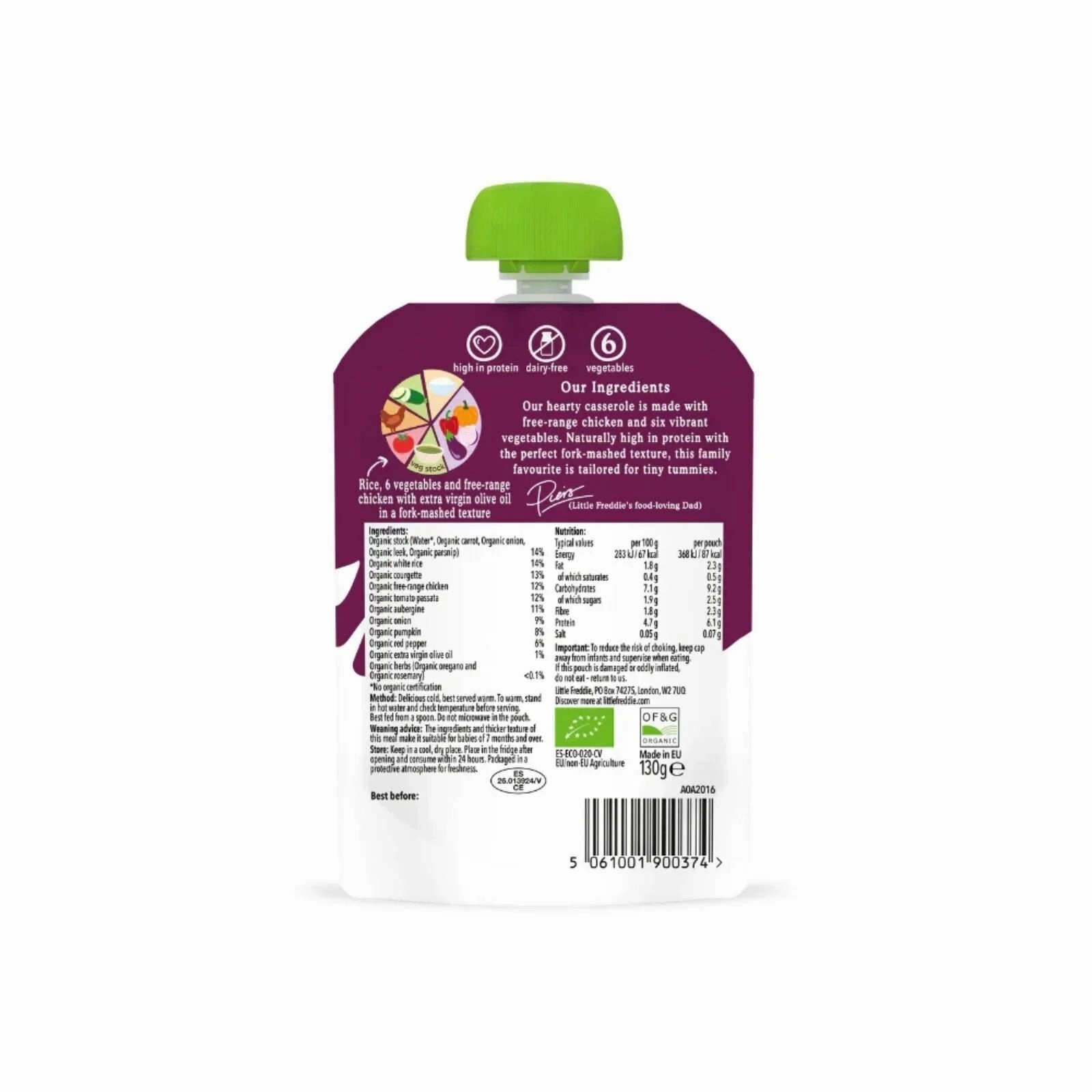 Little Freddie Organic Chicken Casserole with Vegetables & Rice 7  months 130g