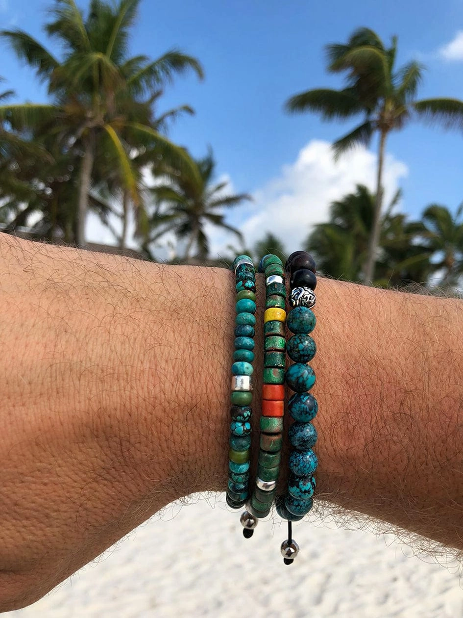 Men's Beaded Bracelet with Ebony, Bali Turquoise and Indian Silver