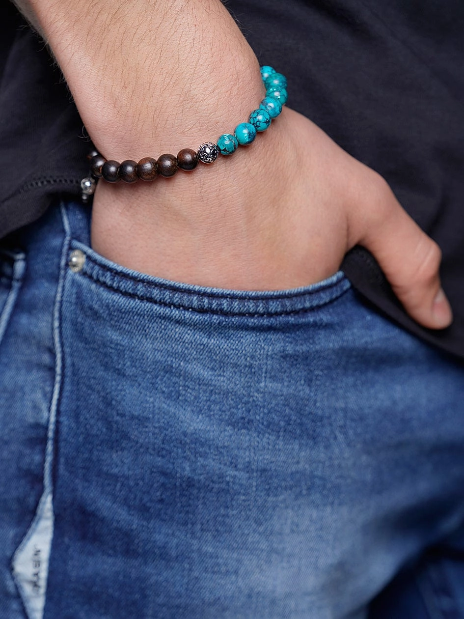 Men's Beaded Bracelet with Ebony, Bali Turquoise and Indian Silver