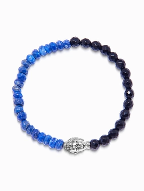 Men's Wristband with Light Blue and Dark Blue Glass Beads with Silver Buddha