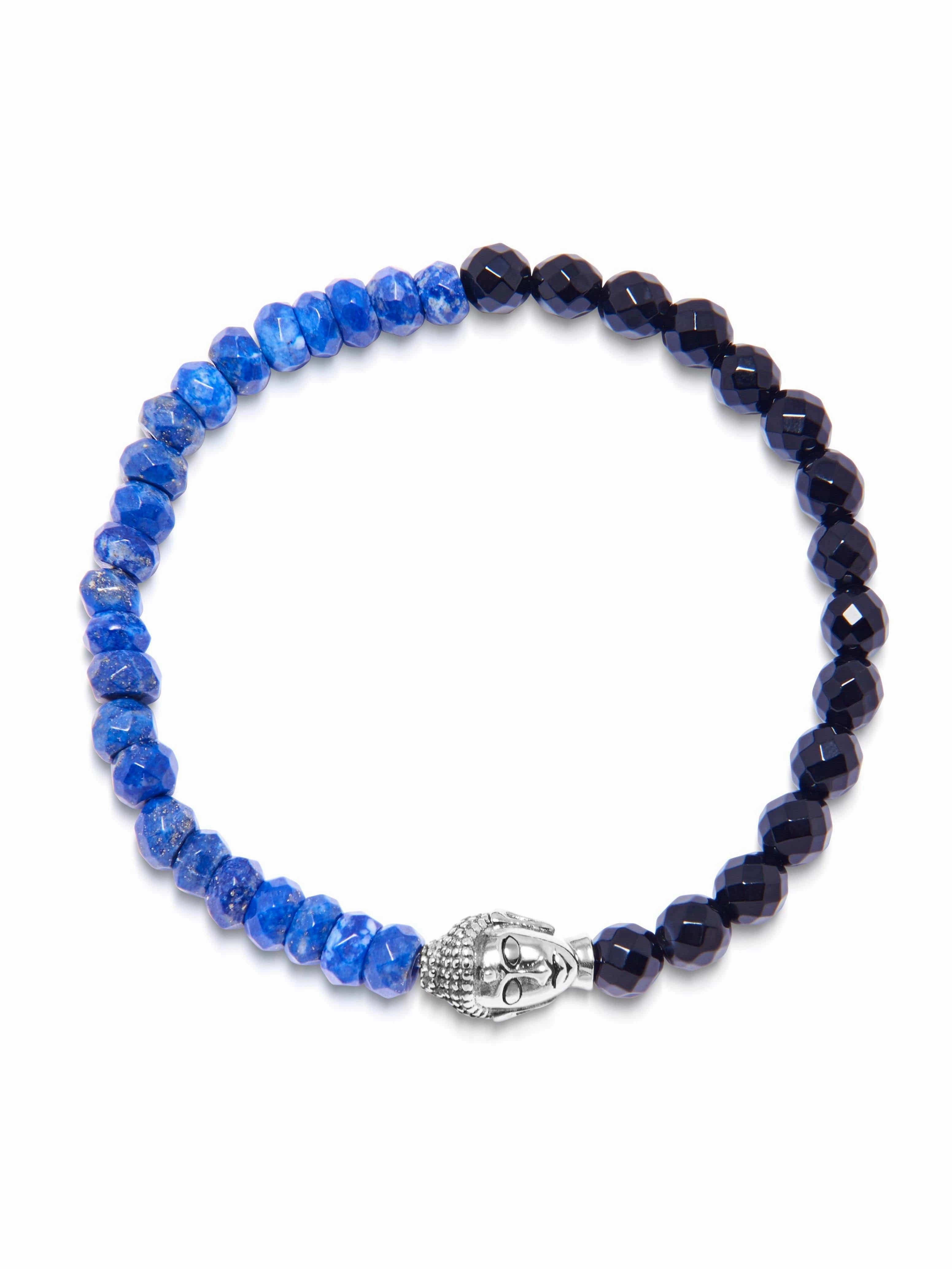 Men's Wristband with Light Blue and Dark Blue Glass Beads with Silver Buddha