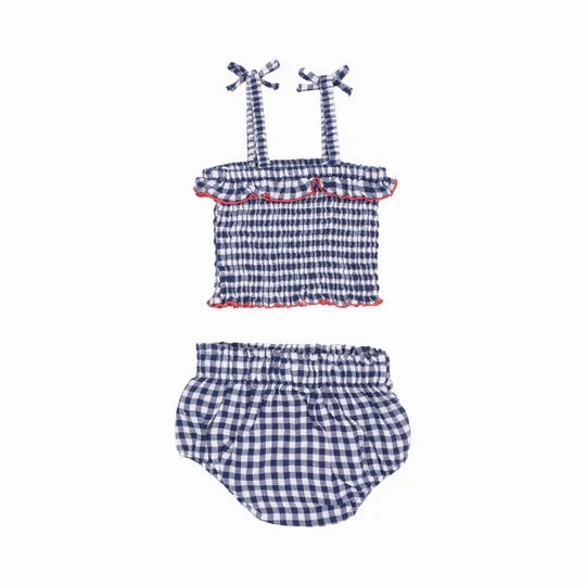Muslin Smocked Ruffle Top and Bloomer - Navy Gingham