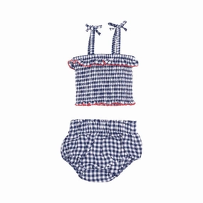 Muslin Smocked Ruffle Top and Bloomer - Navy Gingham