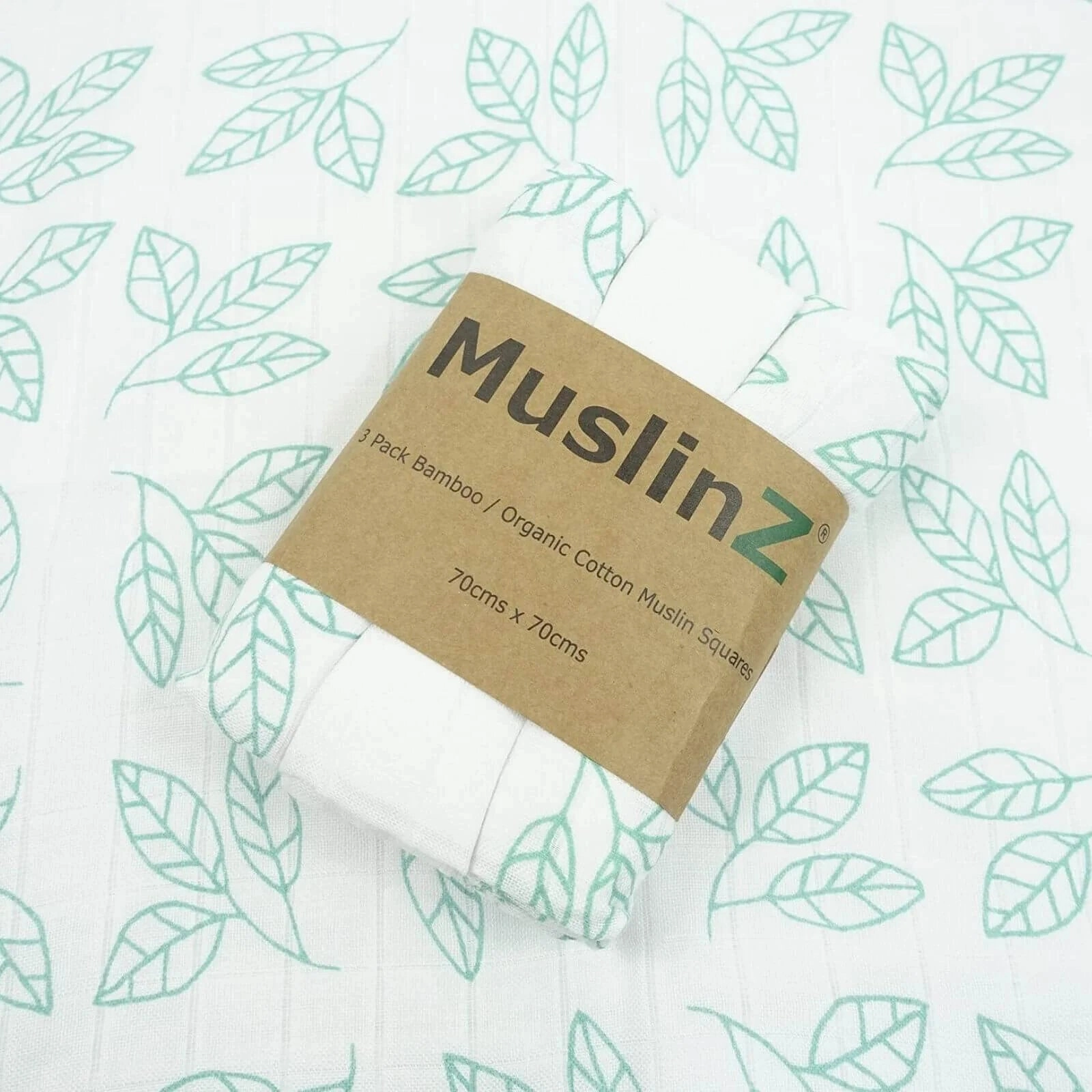 MuslinZ 3 Pack Bamboo/Organic Cotton Muslin Squares 70x70cm - Aqua Leaf