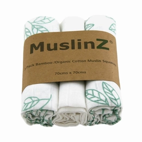MuslinZ 3 Pack Bamboo/Organic Cotton Muslin Squares 70x70cm - Aqua Leaf