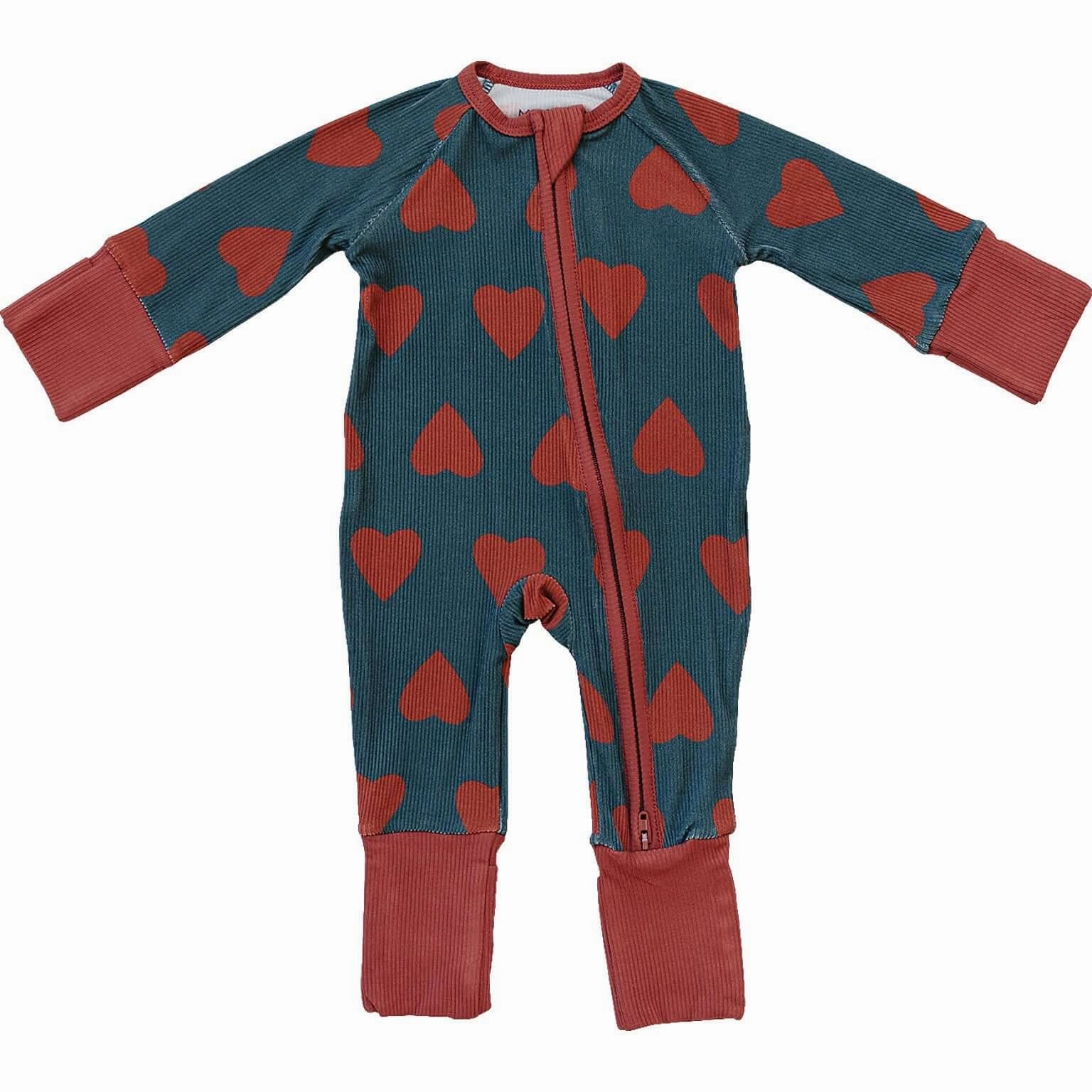 Navy   Red Hearts Ribbed Bamboo Zipper