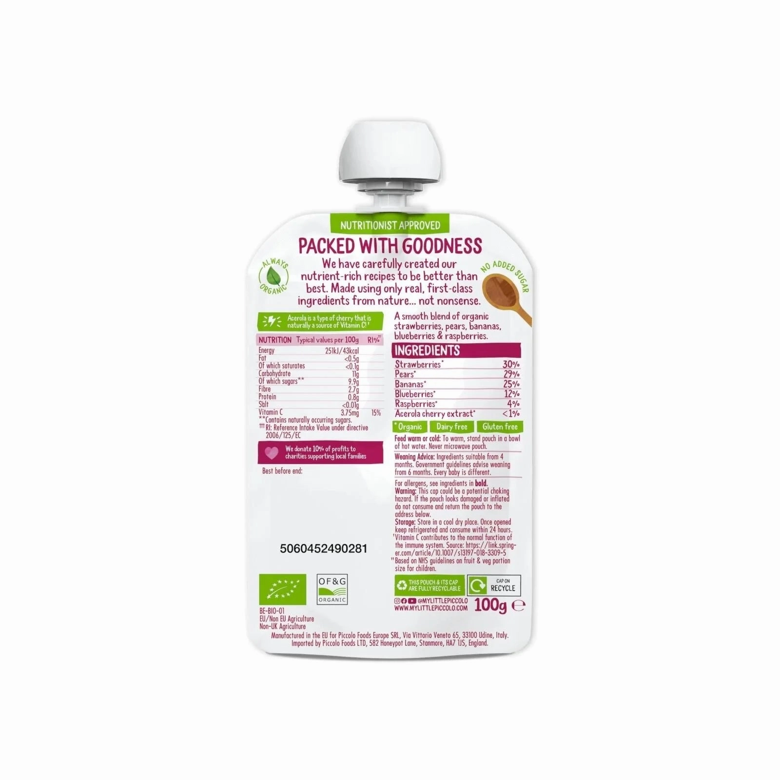 Piccolo Organic Blushing Berries Pear & Banana 4  months 100g