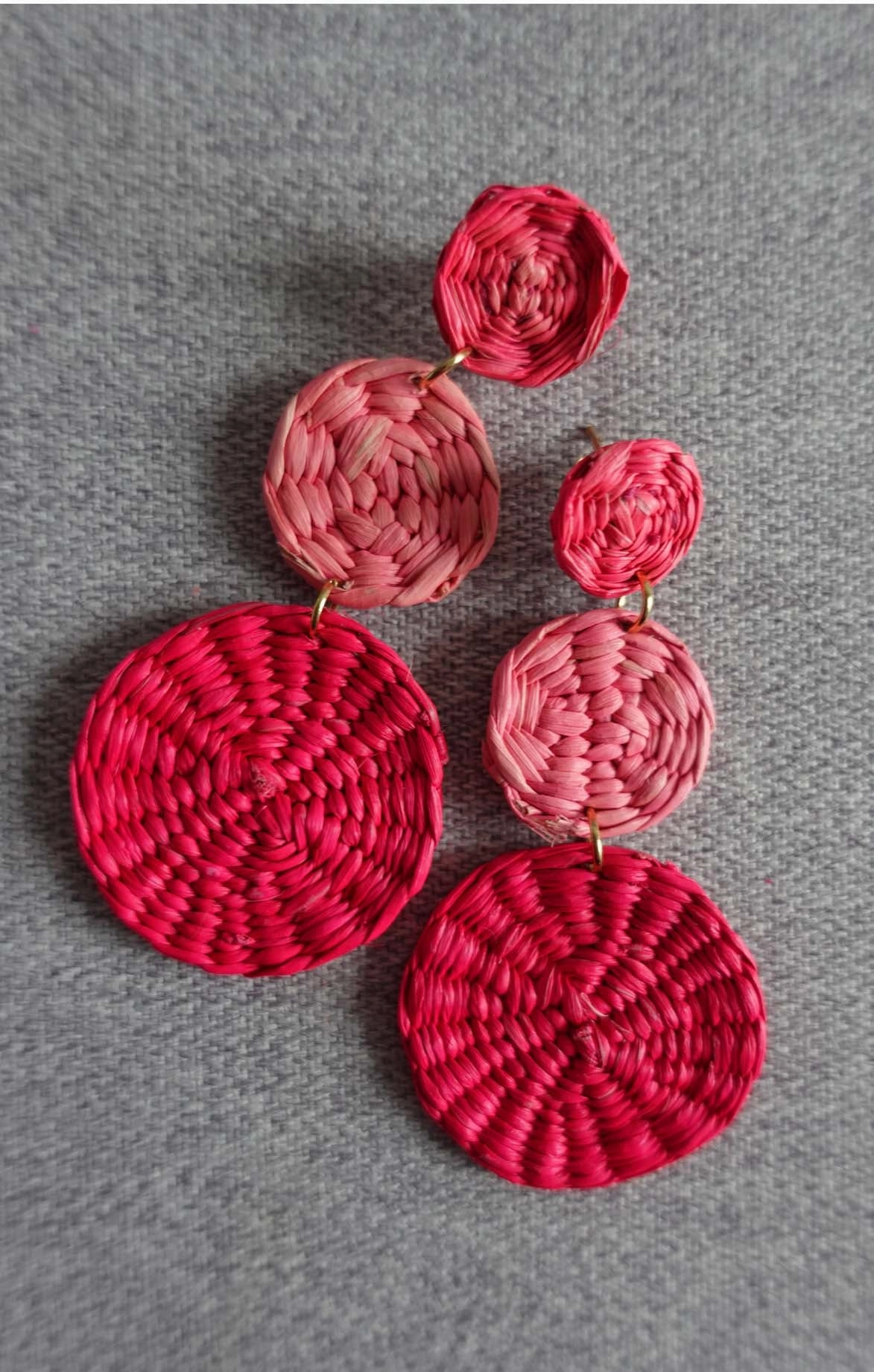Pink Circle Toquilla Straw Earrings