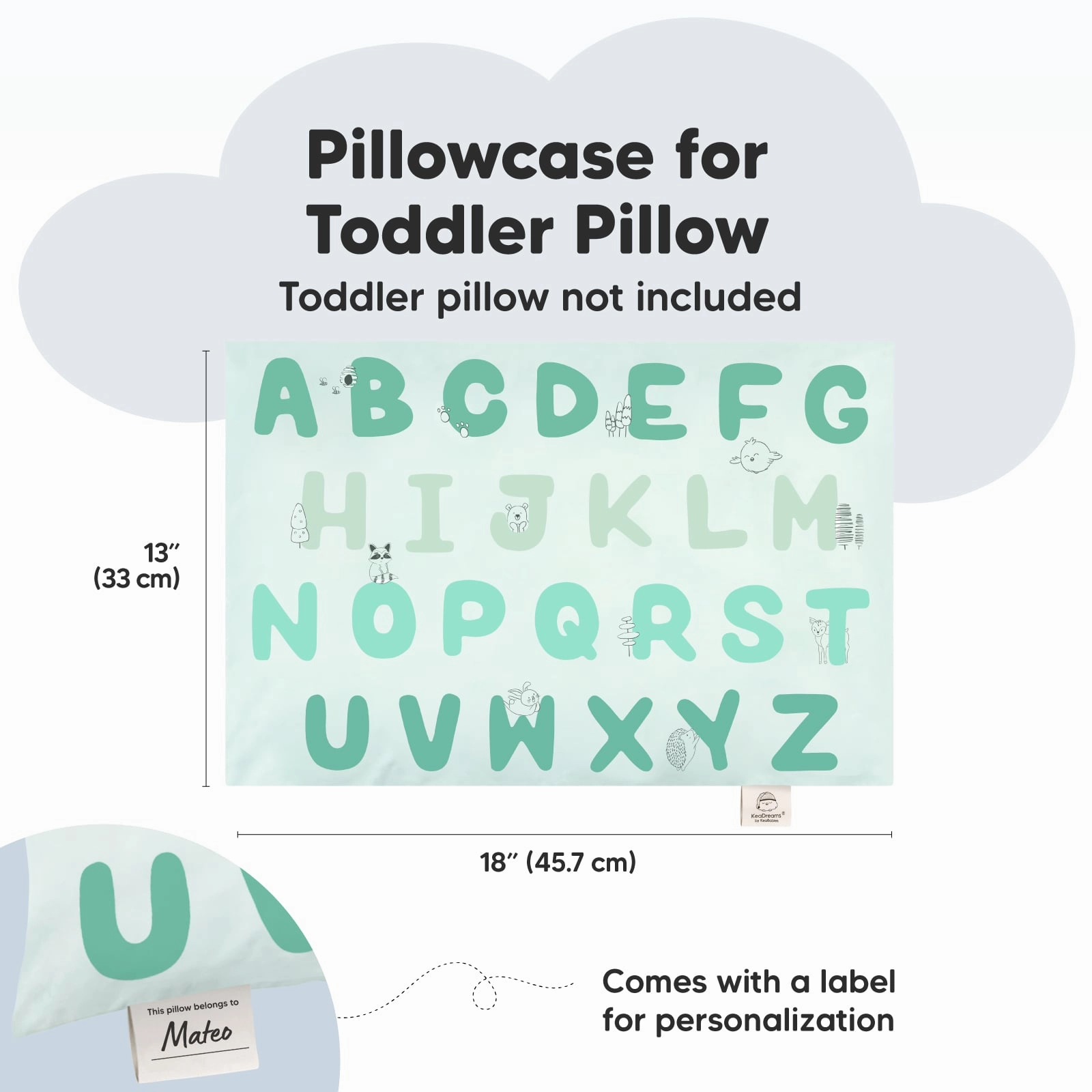 Printed Toddler Pillowcase 13X18" (KeaABC Mint)