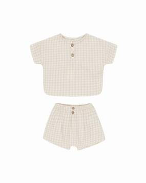 Woven Boxy Top   Short Set - Oat Check